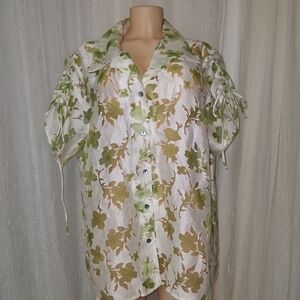 Susan Graver Green and White Floral Blouse Women 3X
